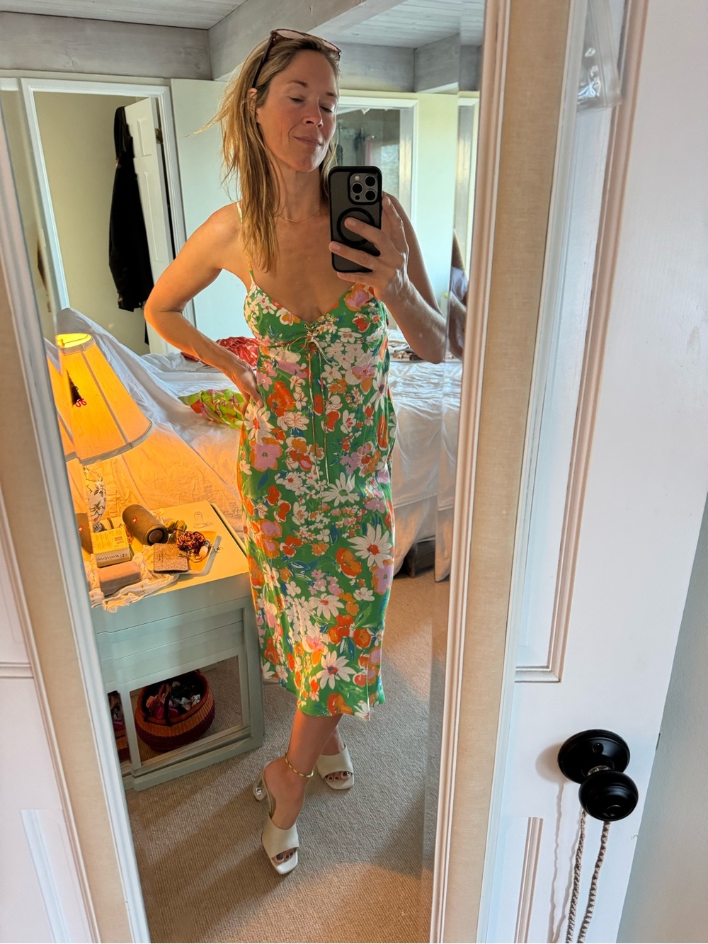 Aqua Green Floral Slip Midi Dress with Orange and White Blooms